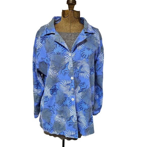 Icantoo Blouse Womens Size M Blue Tropical Print Button Up Shirt Top Cotton - Picture 1 of 8